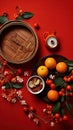 Accessories Chinese new year festival decorations.orange,leaf,wood basket,red packet,plum blossom,teapot on red background. Top Royalty Free Stock Photo