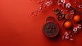 Accessories Chinese new year festival decorations.orange,leaf,wood basket,red packet,plum blossom,teapot on red background. Top Royalty Free Stock Photo