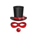 Accessories for clown - hat, mask, red nose are isolated on whit