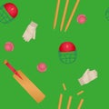 Accessories for cricket. Helmet, bat, gate, ball on a green background. Seamless vector pattern