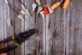 Accessories forwire and equipment work set of electrical tool on wooden background Royalty Free Stock Photo