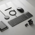 Accessories on a gray surface. Items include a black wireless keyboard, mouse, Royalty Free Stock Photo