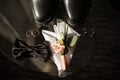 Accessories groom on a glass table. sunlight