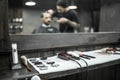 Accessories of hairdresser in barbershop