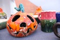 Accessories for halloween party. Jack O Lanterns pumpkin candlestick with smiling face. Happy halloween. Orange colors. - holidays