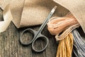 Accessories for hobbies: tape, scissors, needle and pin. Sewing tools Royalty Free Stock Photo