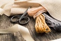 Accessories for hobbies: tape, scissors, needle and pin. Sewing tools Royalty Free Stock Photo