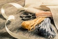 Accessories for hobbies: tape, scissors, needle and pin. Sewing tools Royalty Free Stock Photo