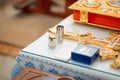 Accessories for infant baptism. Closeup.The sacrament of baptism. baptismal font and jug.