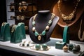 accessories and jewelry display at upscale boutique, with necklace and earring combos