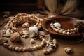 accessories and jewelry in natural tones, with wooden beads and shells Royalty Free Stock Photo