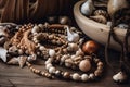 accessories and jewelry in natural tones, with wooden beads and shells Royalty Free Stock Photo