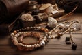 accessories and jewelry in natural tones, with wooden beads and shells Royalty Free Stock Photo