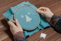 Accessories for needlework are in female hands in indoors