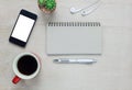 Accessories office desk the mobile phone,note paper,pen Royalty Free Stock Photo