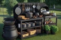 accessories for outdoor cooking in form of pots and pans on backyard grill