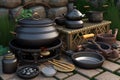 accessories for outdoor cooking in form of pots and pans on backyard grill