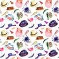 Accessories pattern hats and feathers Royalty Free Stock Photo