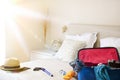 Accessories prepared for travelling in bedroom vacation travel concept