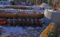 Accessories for setting bored piles in snow on a construction site in Halle an der Saale