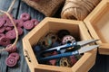 Accessories for sewing and needlework. casket with bobbins and scissors close-up on a blue wooden background Royalty Free Stock Photo