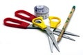 Accessories Tailors:two scissors, sartorial meter, pencil Royalty Free Stock Photo