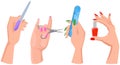 Accessories and tools for working with hand and nails. Scissors, nail file, polish in woman hands