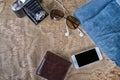 Accessories for travel,wallet,photo camera, smart phone,sunglass,smalltalk and travel map Royalty Free Stock Photo