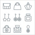 Accessory line icons. linear set. quality vector line set such as key ring, perfume containter, fashionable bag, cologne, earring