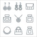 accessory line icons. linear set. quality vector line set such as perfume bottle, bag, pearl necklace, cologne, flower necklace, Royalty Free Stock Photo