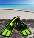 Accessory for Snorkeling -mask, flippers, tube-lay on sand on background of ocean Royalty Free Stock Photo