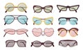 Accessory sun spectacles vector set. Collection of colorful sunglasses. Summer eyeglasses. Royalty Free Stock Photo