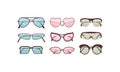 Accessory sun spectacles vector set. Collection of colorful sunglasses. Summer eyeglasses. Royalty Free Stock Photo