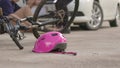 Accident bicycle crashes car after stunt on street.