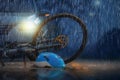 Accident car crash with bicycle in rainy weather Royalty Free Stock Photo