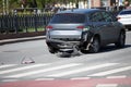 Accident. Car crash damage and details. Silver gray car waiting for help on the road Royalty Free Stock Photo