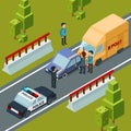 Accident on city road. Polices car and disasters vector isometric urban scene Royalty Free Stock Photo