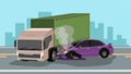 Accident of a container truck blocking the road. Car crashed into the side, causing severe damage to the front. Royalty Free Stock Photo