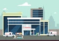 Accident and emergency hospital exterior with doctors and patients. Medical vector concept