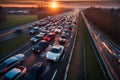 accident and explosion burn fire flames, sunset in the motorway in winter time