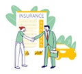 Accident Insurance Concept. Agent Character Shaking Hand to Client front of Huge Policy Paper Document