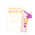 Accident Insurance and Life Protection Concept. Man Falling from High Ladder front of Huge Policy Paper Document