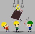 Accident from lifting chain holding heavy metal sheet above worker,unsafe situation,safety engineering cartoon style,Vector Royalty Free Stock Photo