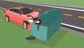 Accident of a light red passenger car crashed into a trash bin.