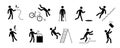 Accident pictogram man icon. Ladder falling, injury leg, bike accident pictogram sign set. Warning, electric shock Royalty Free Stock Photo