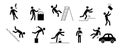 Accident pictogram man icon. Work safety, injury caution, hazard pictogram sign set. Warning, danger icon stick man