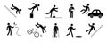 Accident pictogram man icon. Work safety, injury caution, hazard pictogram sign set. Warning, danger icon stick man