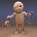 Accident prone Egyptian mummy monster holding his steering wheel and car horn, 3d illustration