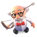 Accident prone mad scientist professor shoots himself in head with arrow, 3d illustration