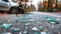 Accident Scene Shattered Glass on road Representing the Powerful Impact of Car Crashes